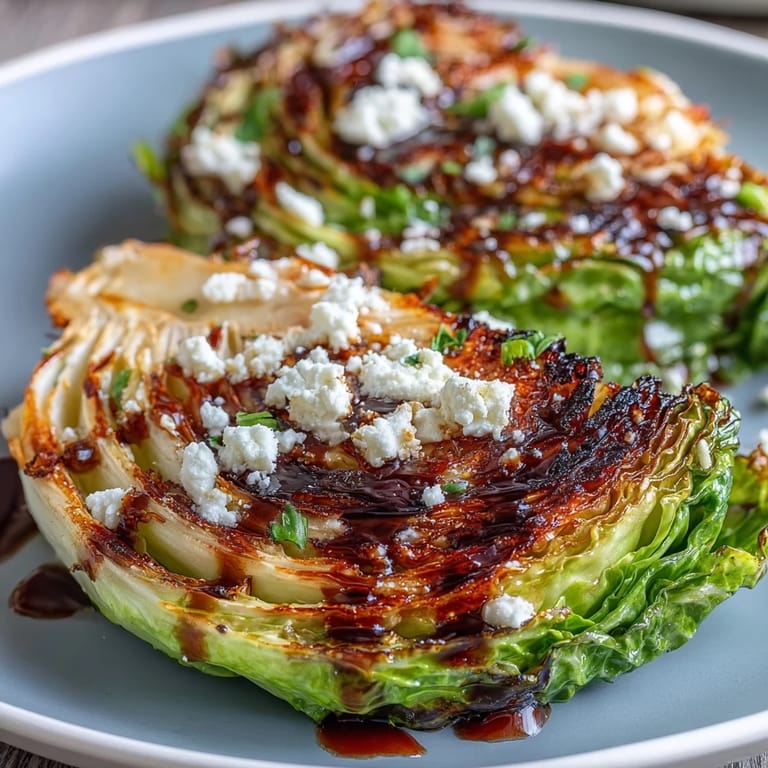 Four thick Crispy Cabbage Steaks With Feta and Balsamic served warm as a Mediterranean-inspired side dish.