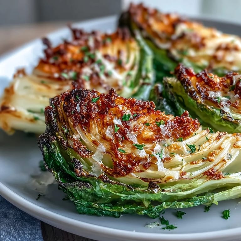Close-up of Roasted Garlic Parmesan Cabbage Wedges showing caramelized edges and a garlic-herb Parmesan topping.