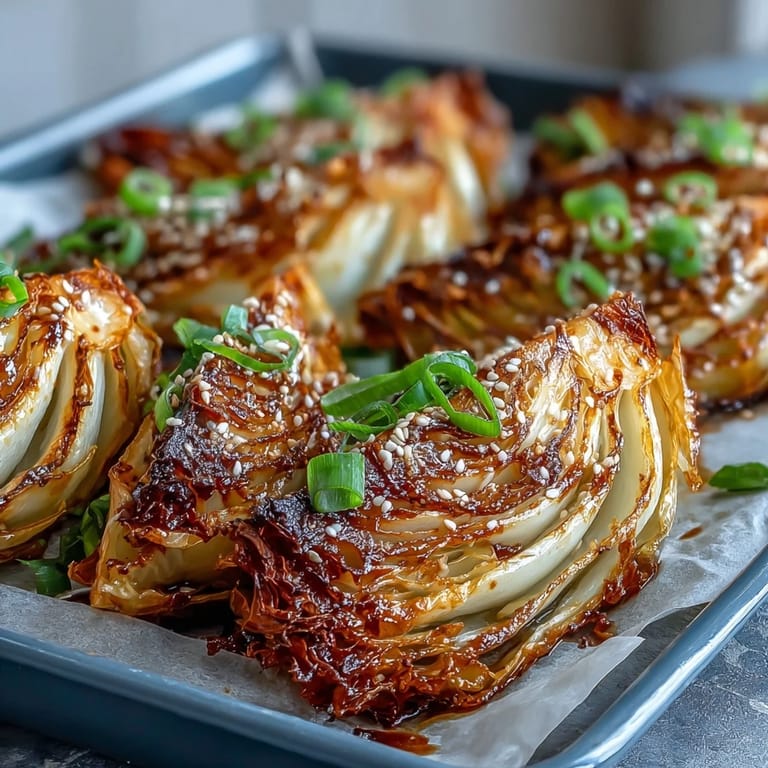 Tender Miso Butter Roasted Cabbage Wedges brushed with glossy buttery glaze, served hot alongside a savory weeknight dinner.