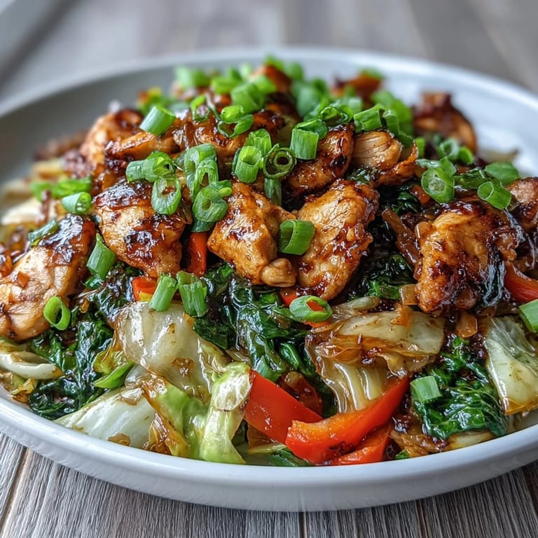 Steam rises from a skillet of Chicken Cabbage Stir-Fry served alongside fluffy white rice and sliced green onions.