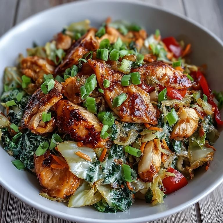 Tender chicken and colorful veggies glisten with umami-rich sauce in a vibrant Chicken Cabbage Stir-Fry close-up.