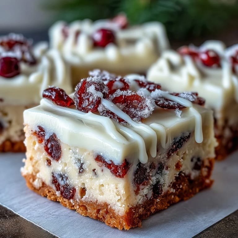 A close-up of a Cranberry Bliss bar with creamy orange frosting and a delicate white chocolate drizzle.