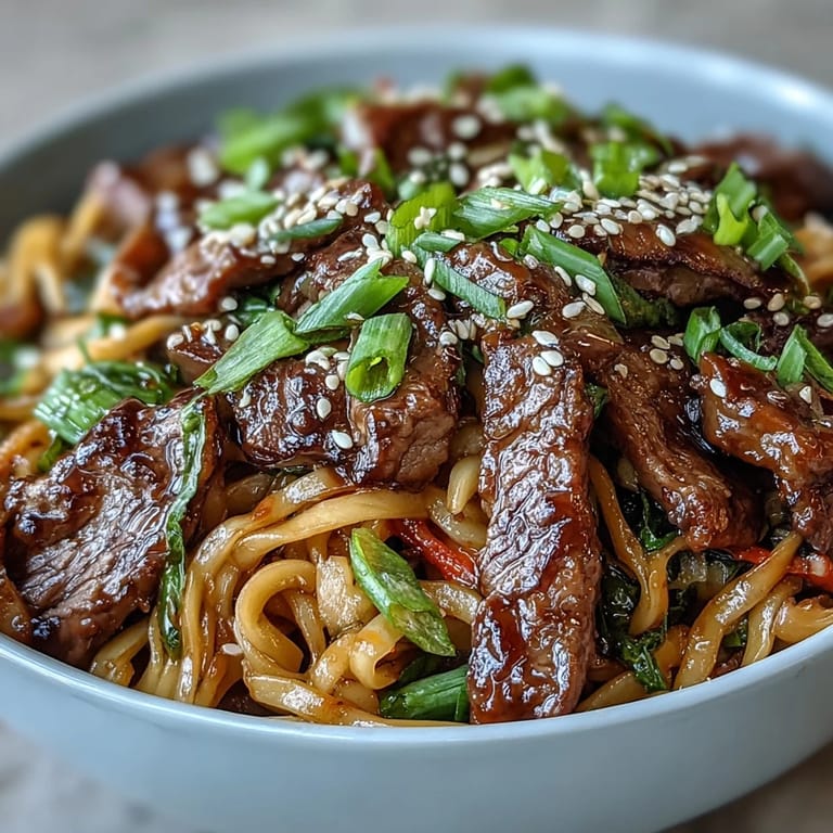 A close-up of Korean Beef Noodles reveals juicy flank steak, colorful veggies, and sesame seeds over a soy-sauce coated noodle bed.
