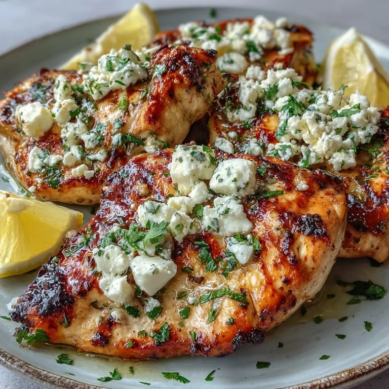 Plated Greek Chicken with Lemon and Feta, served with lemon wedges and a fresh Greek salad.
