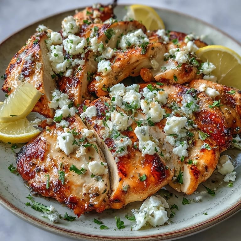 Juicy sliced Greek Chicken with Lemon and Feta on a rustic board, ready for a healthy dinner.