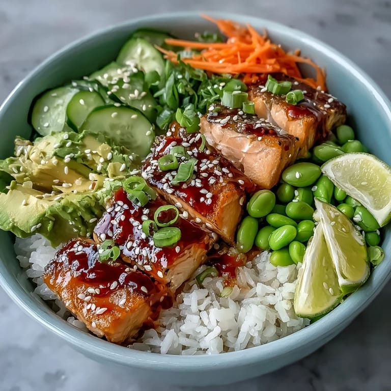 This colorful Baked Salmon Rice Bowl features tender salmon over jasmine rice, topped with fresh avocado, edamame, and carrots, ready for a quick weeknight meal with zesty lime wedges.