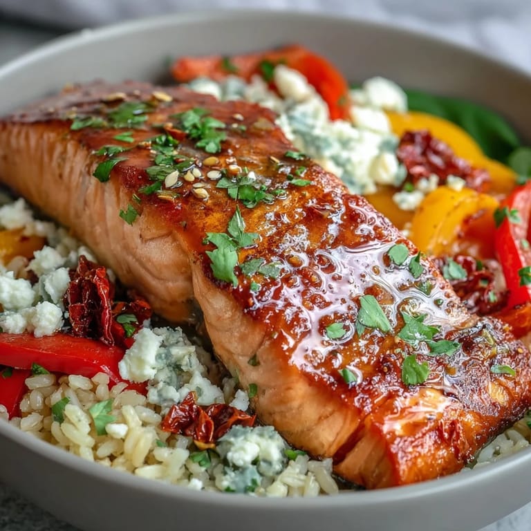 Pan-seared Mediterranean Salmon Bowl garnished with fresh cilantro and lemon wedges for serving.