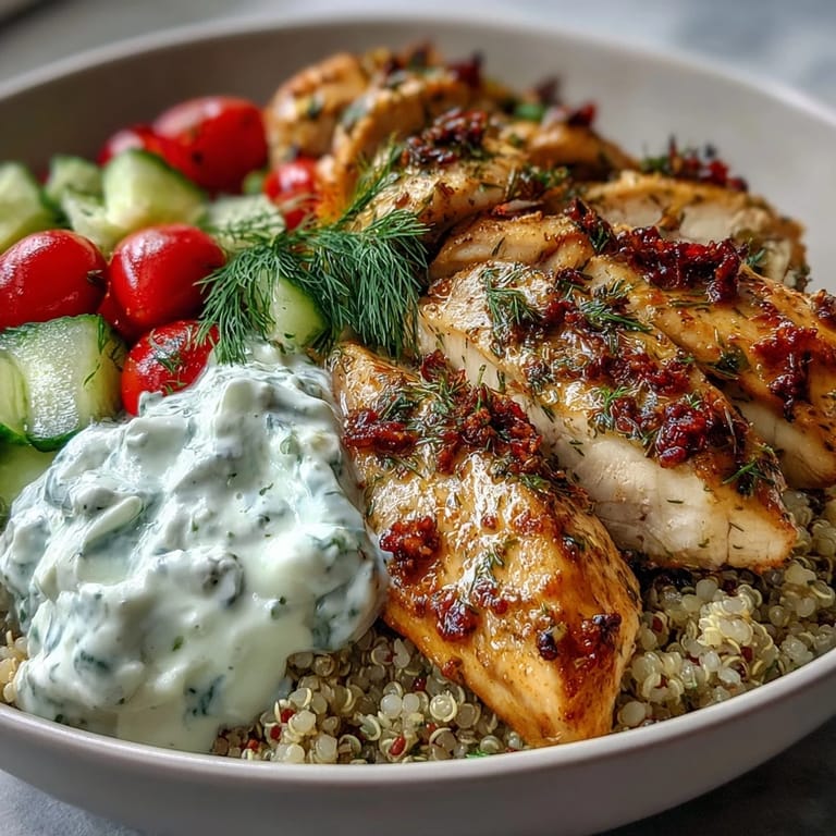 Heaping Greek Chicken Power Bowl featuring a generous dollop of creamy tzatziki sauce, bright cherry tomatoes, and crisp diced cucumbers.
