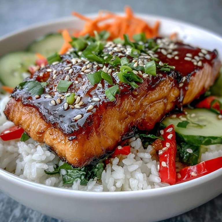 An overhead view of an Asian-Inspired Salmon Bowl, drizzled with sauce and garnished with sesame seeds and fresh scallions.