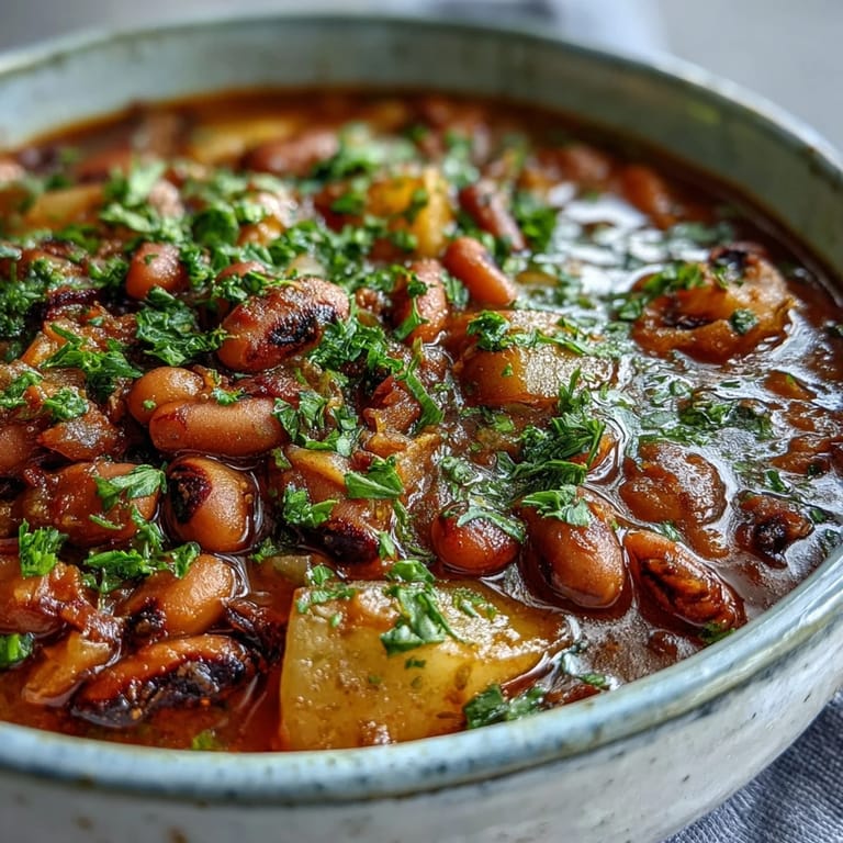 Spoon lifting tender black-eyed peas, carrots, and potatoes from a rich tomato broth in Black-Eyed Pea Stew with Chefs Touch.