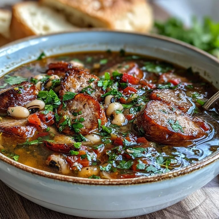 Black-Eyed Peas and Sausage Soup in a white bowl next to crusty bread and a glass of red wine.
