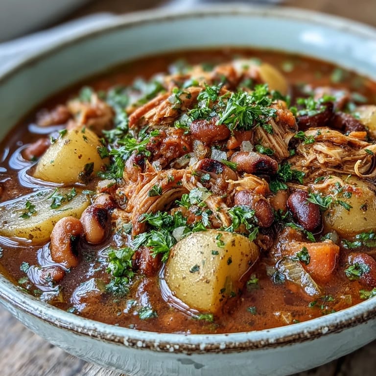 Hearty Black-Eyed Pea Stew with Smoked Ham Hocks simmering in a Dutch oven, releasing aromatic steam. A wholesome Southern meal, perfect for cold weather.