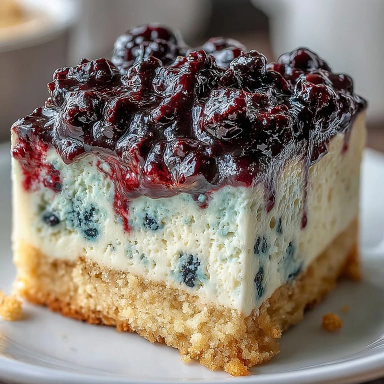 This airy layered dessert features a buttery shortbread crust topped with creamy lemon mousse and blueberry compote.