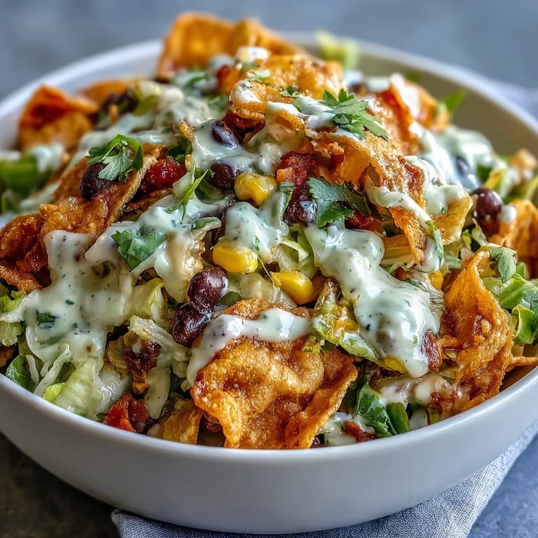 Freshly tossed Frito Cowboy Cabbage salad featuring crisp coleslaw mix, jalapeño, red bell pepper, and smoky chipotle dressing. 