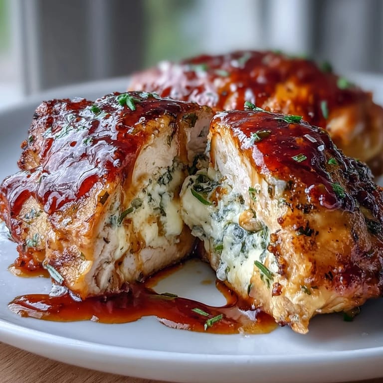 Golden-brown Hot Honey Ricotta Stuffed Chicken brushed with a sticky, spicy glaze ready for dinner.