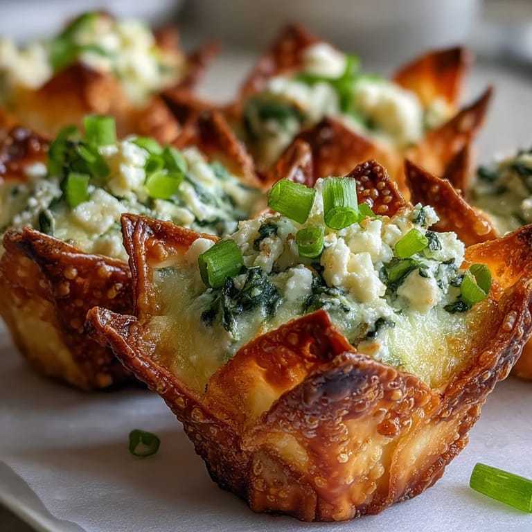 Golden-brown Crispy Spinach Feta Wonton Cups arranged on a platter, perfect for a party appetizer or game day snack.