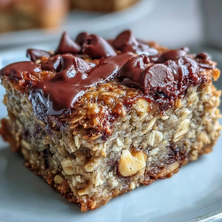 A wholesome breakfast bar topped with dark chocolate chunks and chopped walnuts.