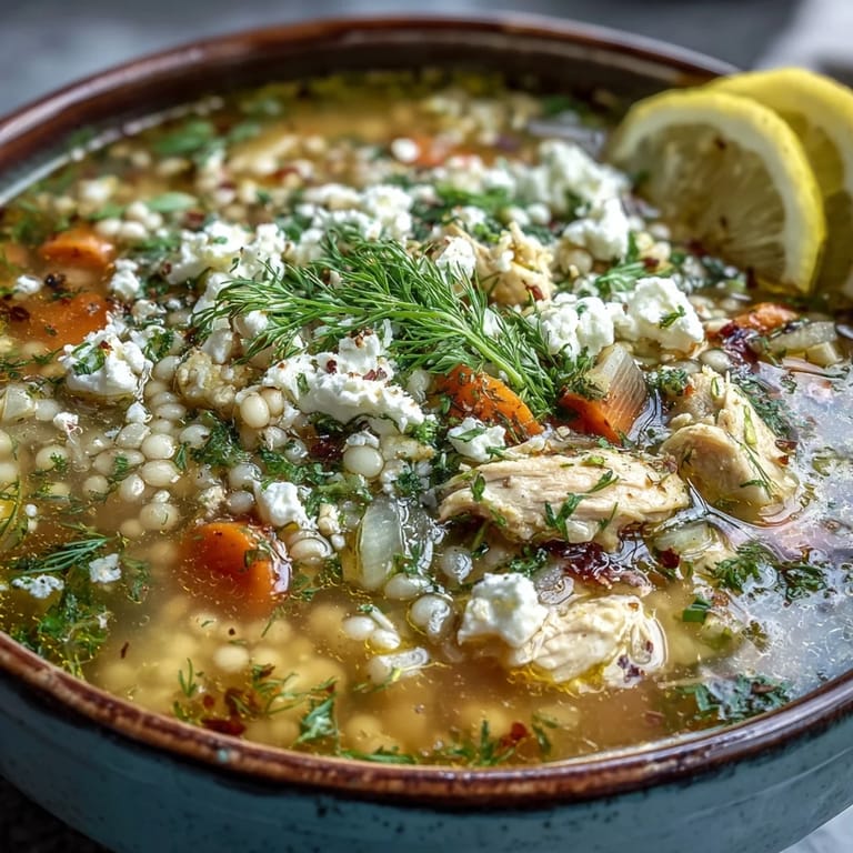 Hearty Greek Chicken & Pearl Couscous Soup served in a rustic bowl, garnished with fresh dill and a side of crusty bread.