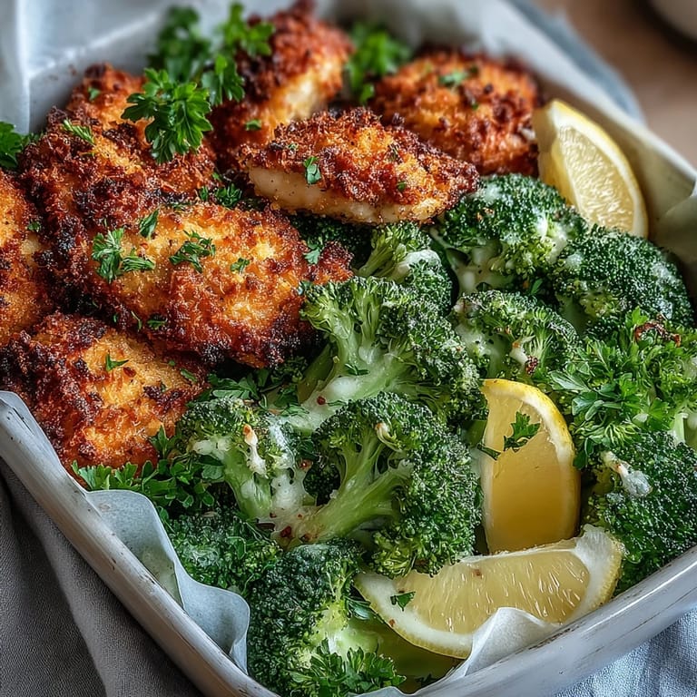 A close-up of Crispy Parmesan Broccoli & Chicken Trays with a savory panko crust, served hot with lemon wedges and fresh parsley.
