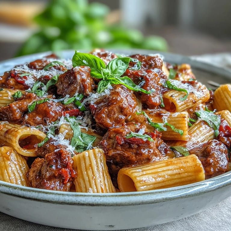 One-Pot Creamy Red Wine Sausage Pasta served with fresh basil and grated Parmesan cheese.
