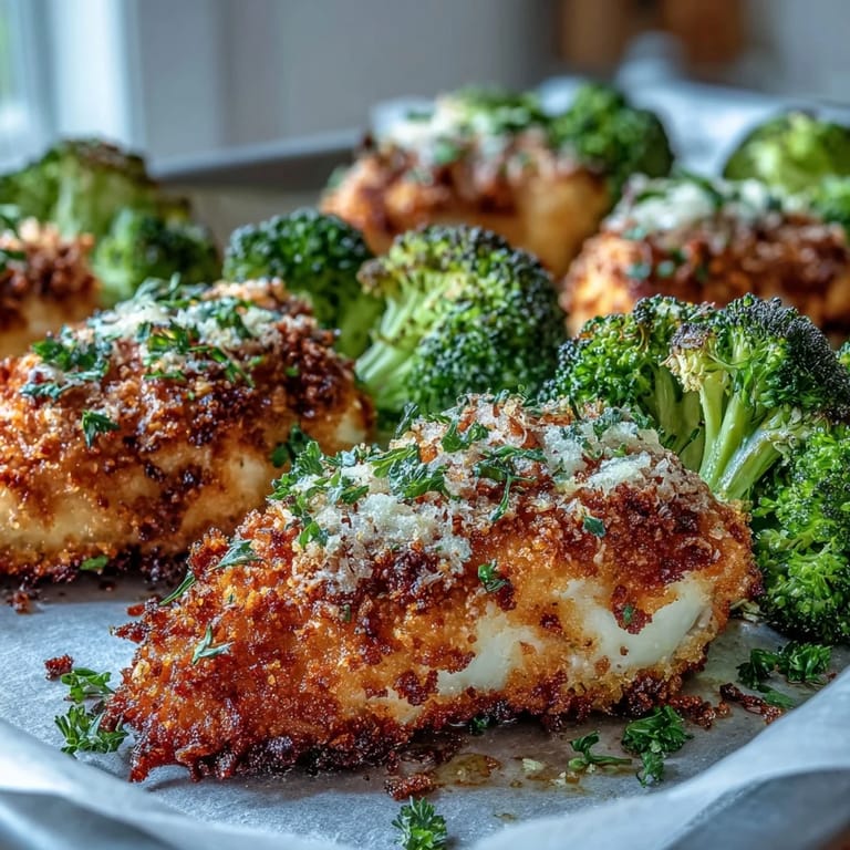 Juicy Crispy Parmesan Broccoli & Chicken Trays served on one baking sheet, perfect for an easy weeknight dinner.