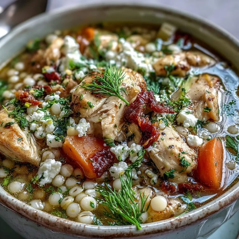 Close-up of Greek Chicken & Pearl Couscous Soup featuring shredded chicken, diced vegetables, and a swirl of olive oil.