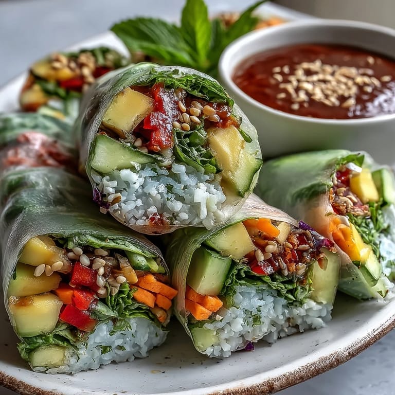 Rice paper wrappers stuffed with fresh mango, avocado, and crisp veggies, ready to dip.