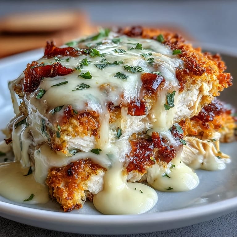Serving suggestion for Keto Chicken Cordon Bleu Casserole, with a golden Parmesan almond flour topping and fresh parsley garnish on a white plate.