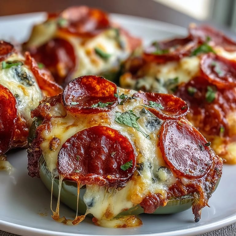 Peppery Keto Pizza Stuffed Peppers filled with savory marinara and melted mozzarella, garnished with chopped fresh parsley.