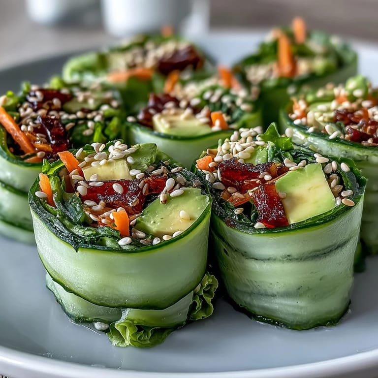 Eight Light Cucumber Avocado Rolls with Sesame arranged on a plate, featuring colorful carrot and bell pepper strips inside.
