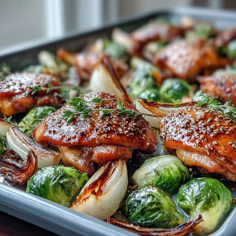 Golden-brown Sheet Pan Honey Mustard Chicken with Brussels Sprouts served straight from the pan, perfect for a quick weeknight dinner.