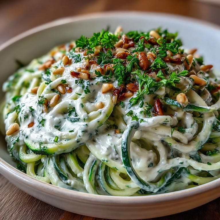 A close-up view of Vegan Creamy Cashew Alfredo over Zucchini Noodles in a white ceramic bowl, showing the rich, velvety sauce clinging to the bright green spirals.