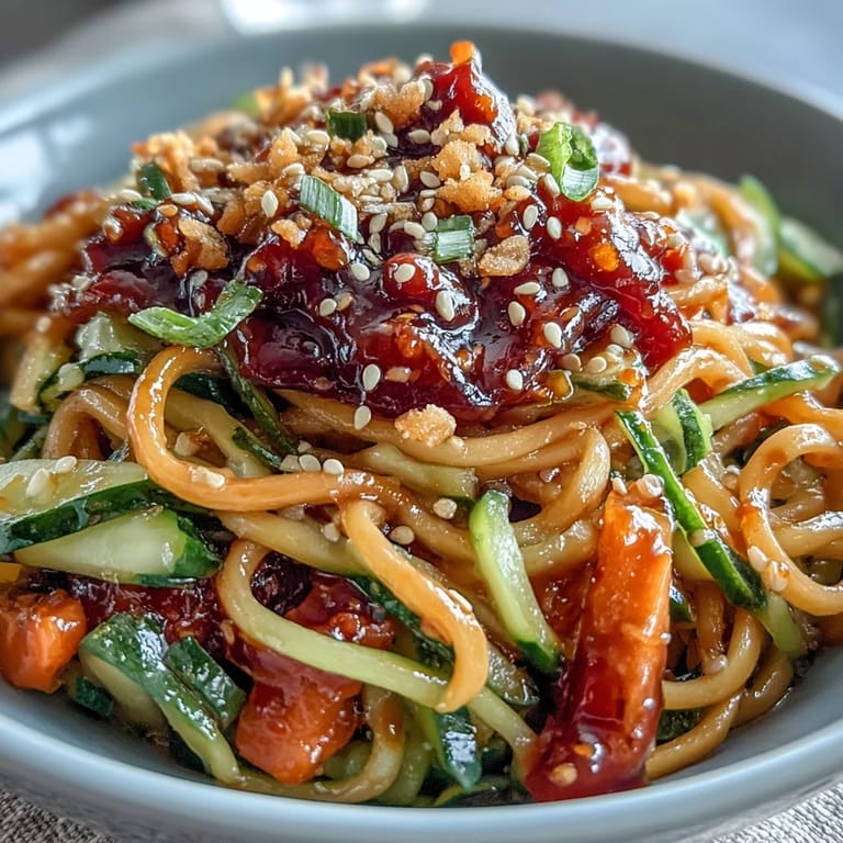 Creamy cucumber salad noodle bowls topped with golden tofu or shredded chicken, crunchy peanuts, and a drizzle of chili crisp sauce.