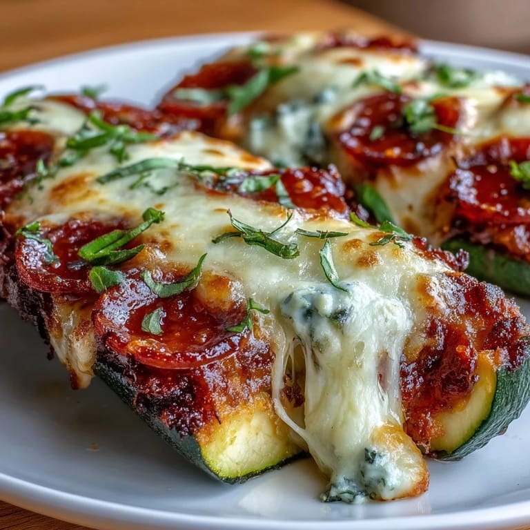 Cheesy Keto Pepperoni Zucchini Pizza Boats: Golden mozzarella and spicy pepperoni melt over fresh zucchini in this guilt-free Italian-inspired dish.  