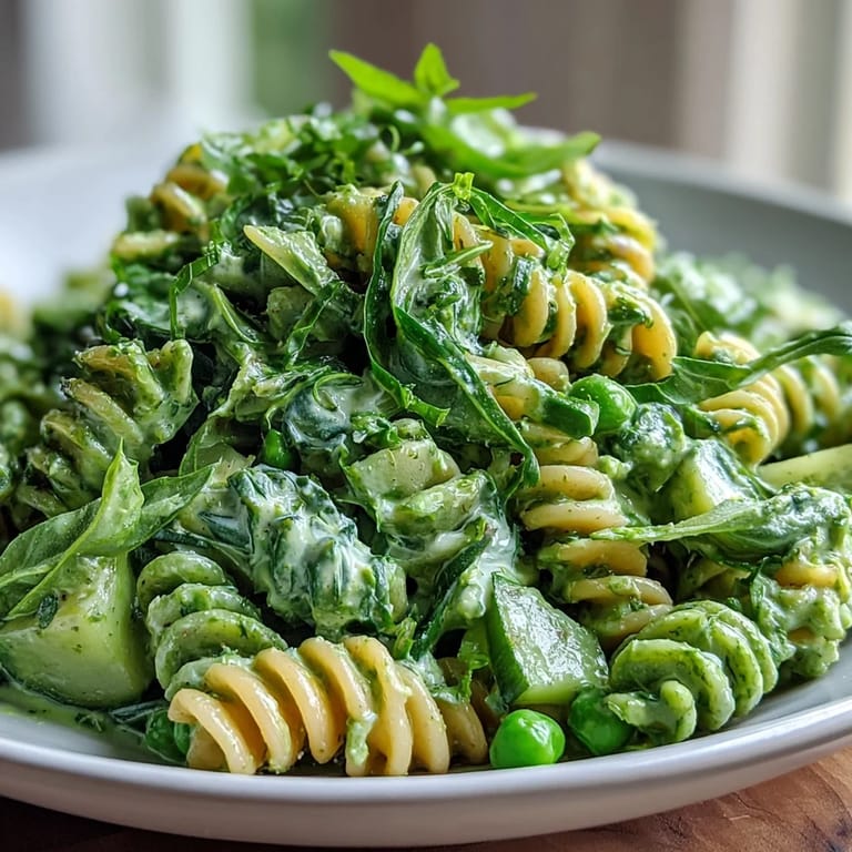 Creamy green goddess pasta salad with tender pasta, fresh herbs, peas, and crunchy veggies, garnished with basil and sunflower seeds.