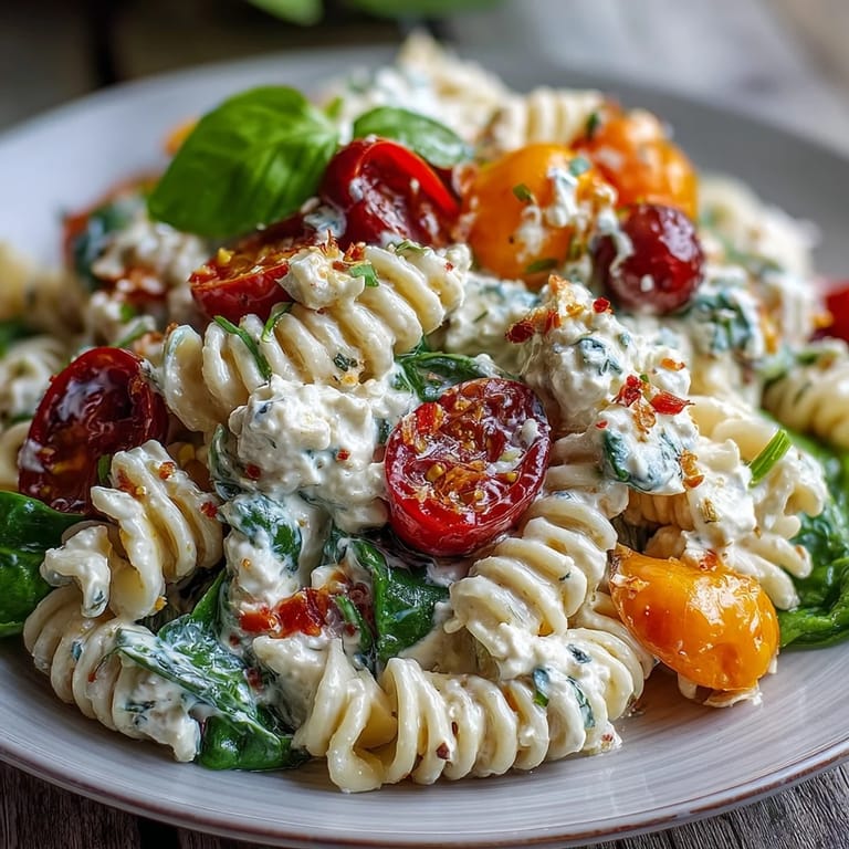 Refreshing cottage cheese pasta salad loaded with spinach, bell peppers, and herbs, ideal for healthy summer lunches or picnics.
