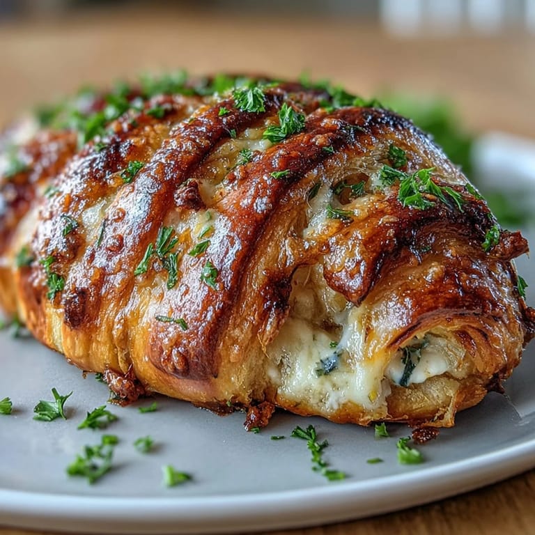 Savory Chicken Pillows topped with melted garlic Parmesan sauce, featuring tender shredded chicken wrapped in flaky, buttery dough for ultimate comfort.  