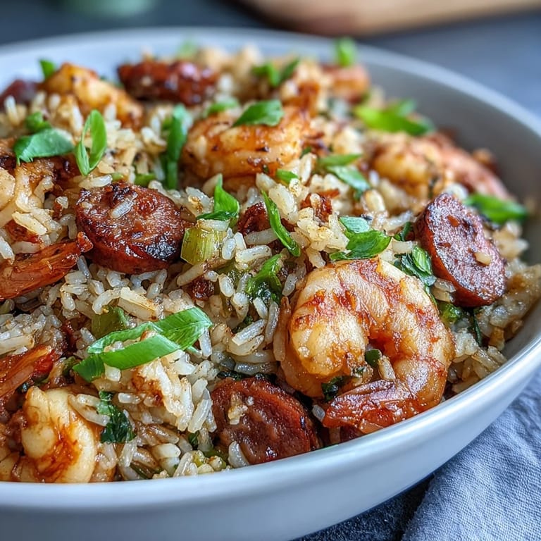 Flavorful Cajun dirty rice loaded with spiced sausage, plump shrimp, and aromatic vegetables for a satisfying Southern meal.  