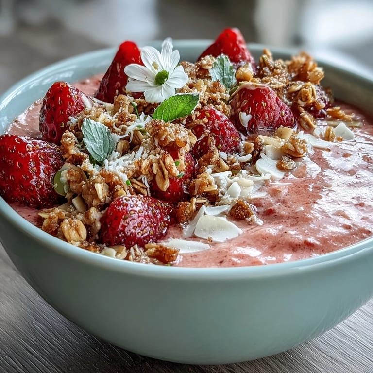 Festive strawberry smoothie bowl layered with fresh fruit, crunchy granola, and edible flowers, ideal for celebrating Galentines with friends.