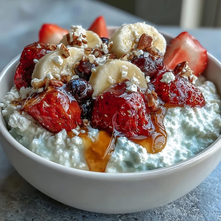 Creamy cottage cheese served with vibrant strawberries, optional blueberries, and crunchy nuts for a wholesome breakfast treat.