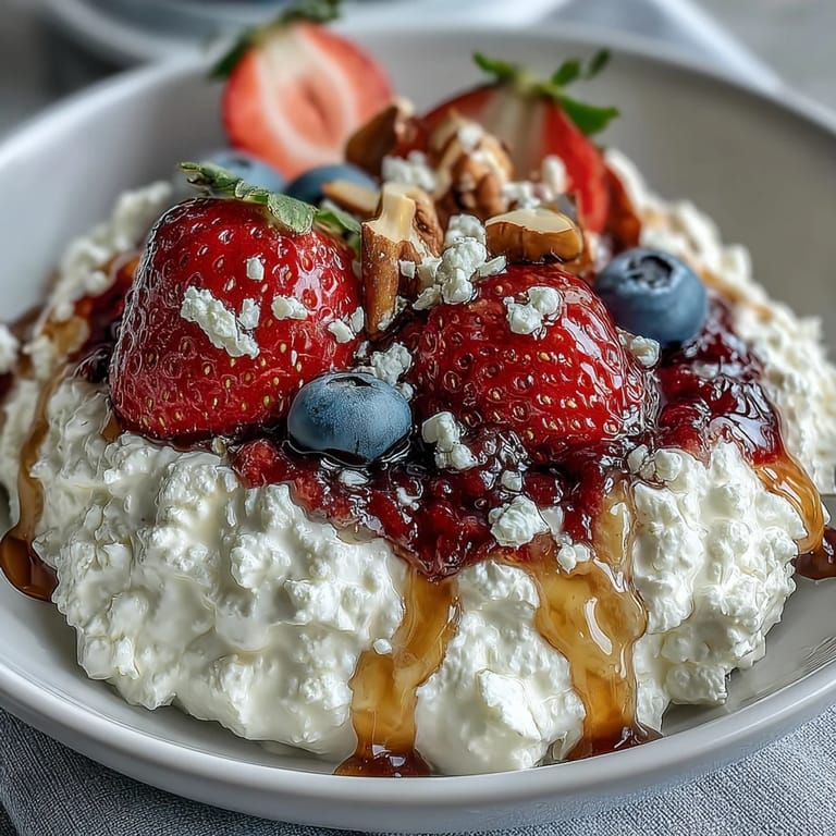 A wholesome cottage cheese fruit bowl featuring ripe strawberries, tropical pineapple, and a sweet honey drizzle.