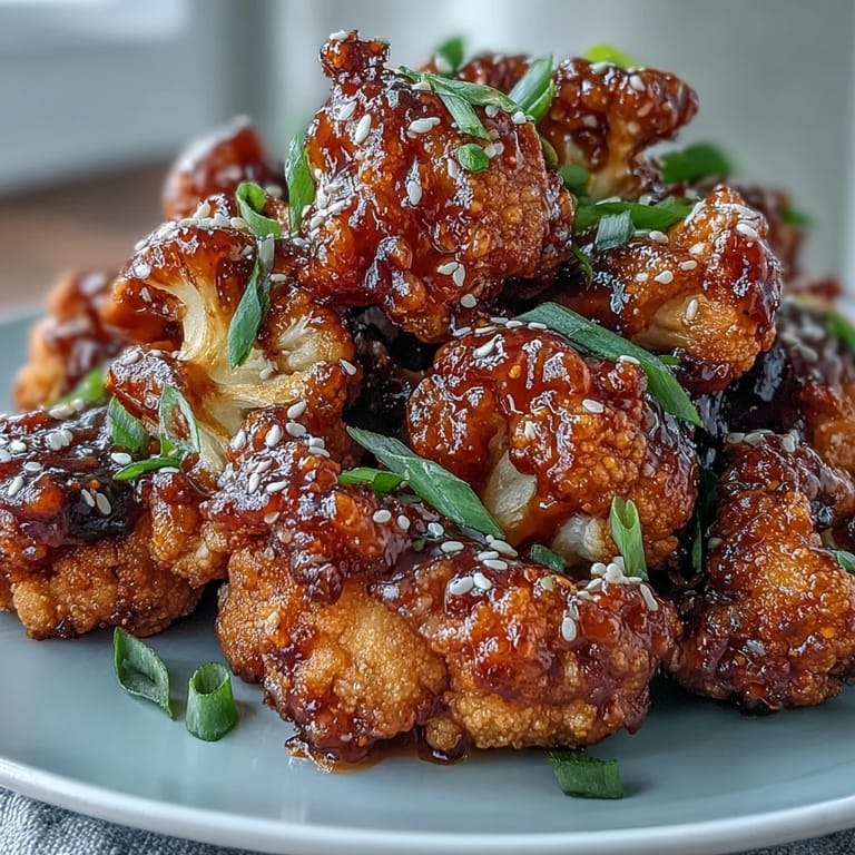 Air-fried General Tso's cauliflower with a glossy, garlicky sauce, perfect for Asian fusion meals or snacking.