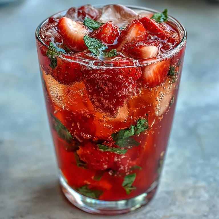 Bright, fizzy strawberry mocktail served over ice with lemon slices and fresh mint, ideal for brunch or garden parties.