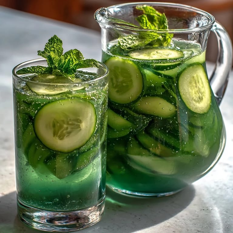 Sparkling water infused with fresh cucumber and mint, garnished with lime and served over ice for a cool treat.