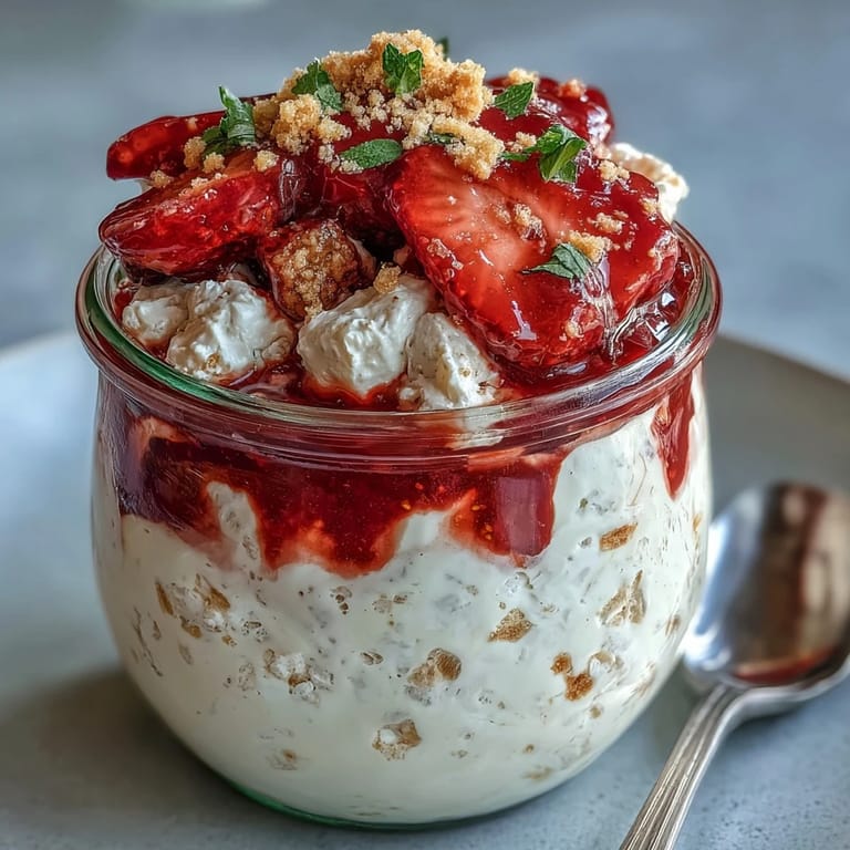 Layered strawberry and cottage cheese overnight oats topped with graham cracker crumbs for a cheesecake-inspired, healthy morning treat.