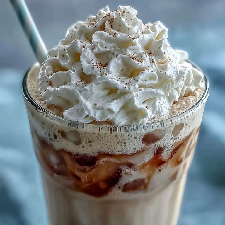 Refreshing homemade vanilla bean frappuccino featuring smooth cold brew ice cubes, blended to perfection and served with a cloud of whipped cream.