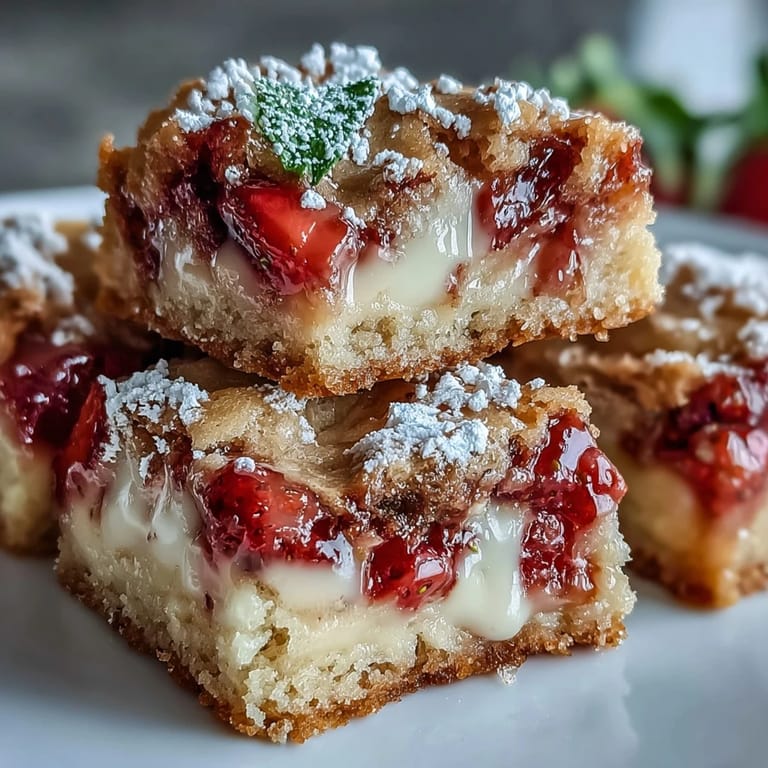 Buttery cookie bars bursting with sweet strawberries and creamy white chocolate chunks for a summery dessert.