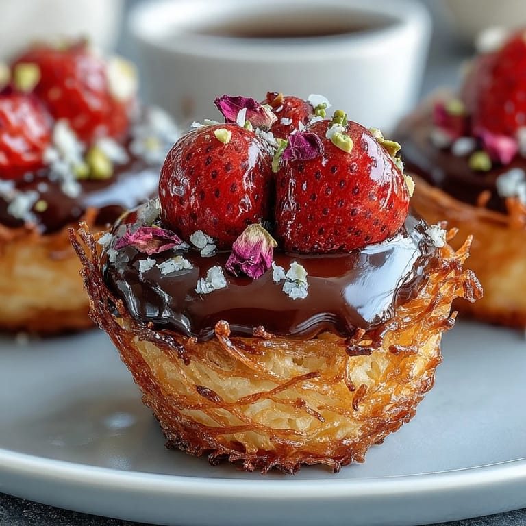 A vibrant Middle Eastern dessert with kataifi pastry cups, luscious strawberries, and glossy dark chocolate, topped with pistachios and rose petals.  