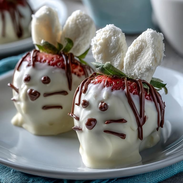 Sweet strawberry treats decorated as bunnies with marshmallow ears and chocolate drizzle, ideal for festive spring gatherings.