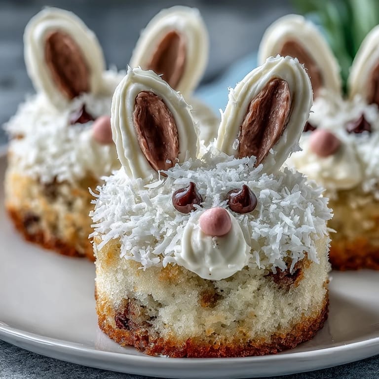 Adorable bunny cakes with moist vanilla layers, fluffy frosting, and playful candy accents, ideal for a fun Easter celebration.